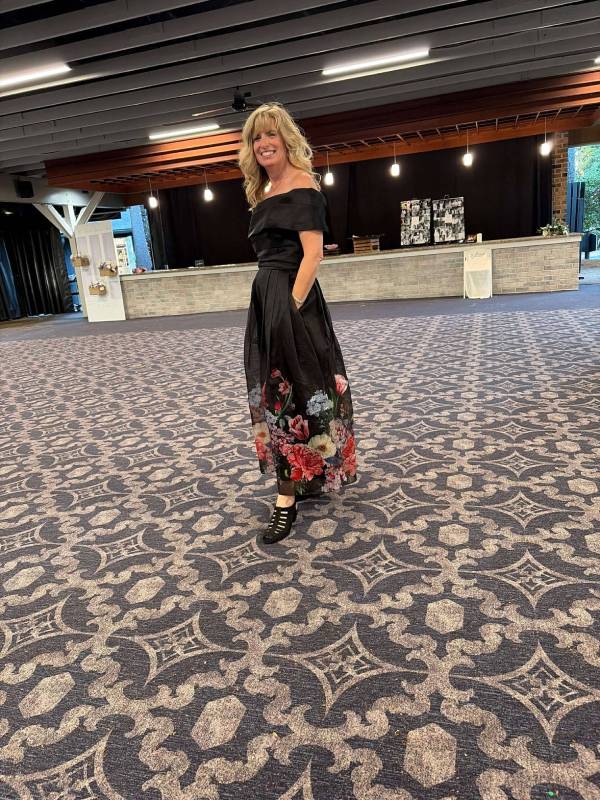 Jane, at friends' weddings, wearing a pair of shoes from another friend living with Parkinson’s to help her ‘last the night’.